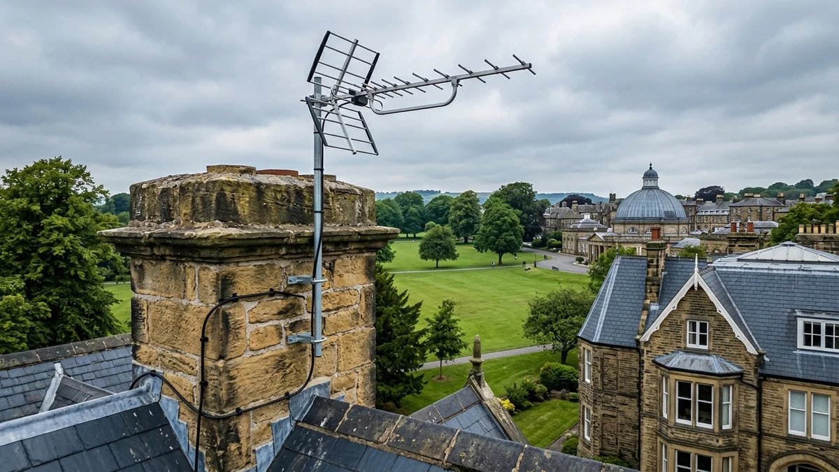 Professional digital TV aerial installation in Harrogate with high-gain benchmark aerial and heavy-duty storm bracket