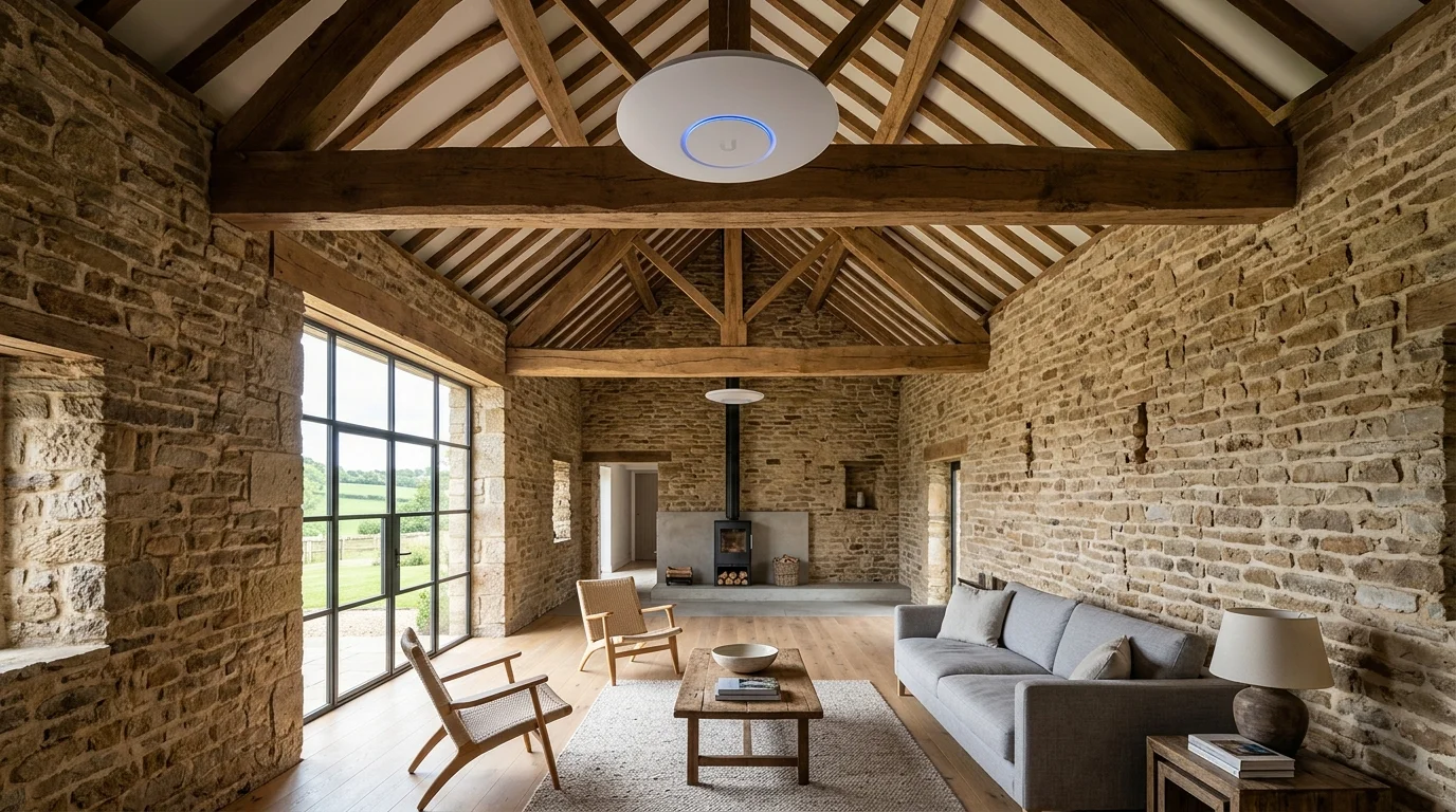 Ubiquiti UniFi Enterprise WiFi 7 access point installed on oak beam in a Harrogate stone barn conversion