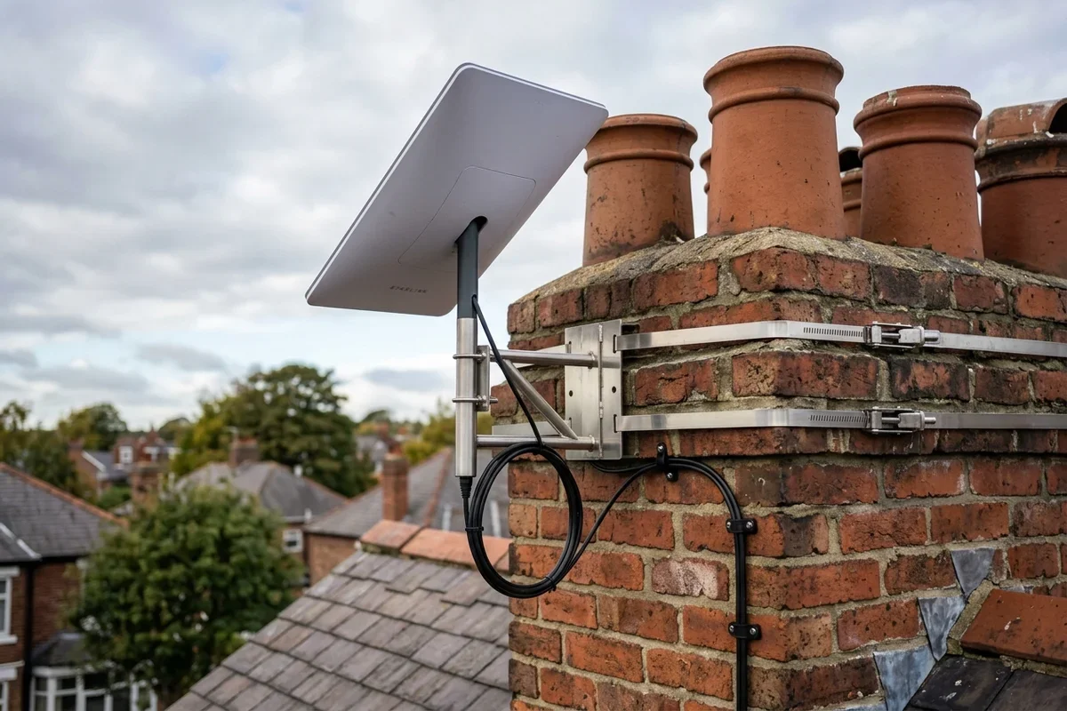 Starlink dish on roof in Heaton on brick chimney with non-drill lashing cradle overlooking town