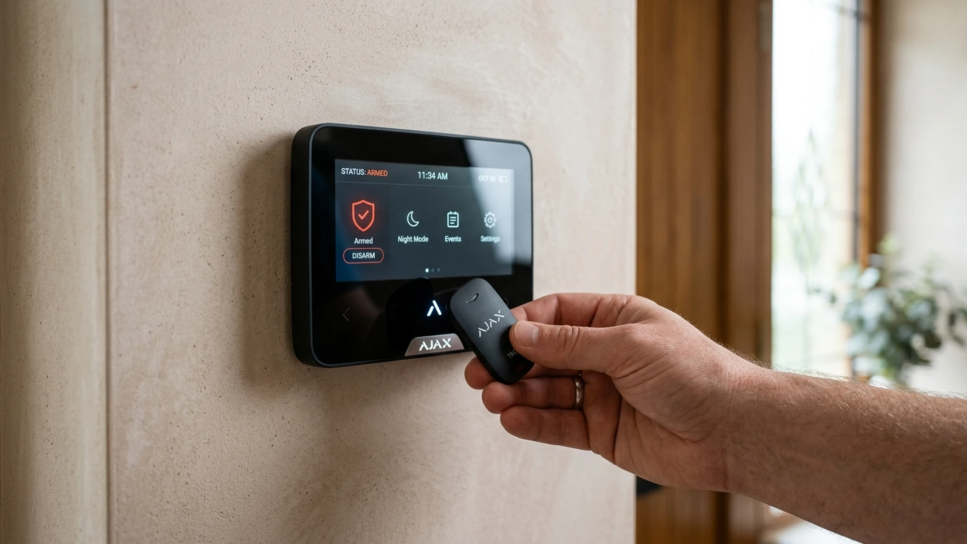 Ajax MotionCam Outdoor wireless detector mounted on weathered West Yorkshire red brick exterior wall in Huddersfield
