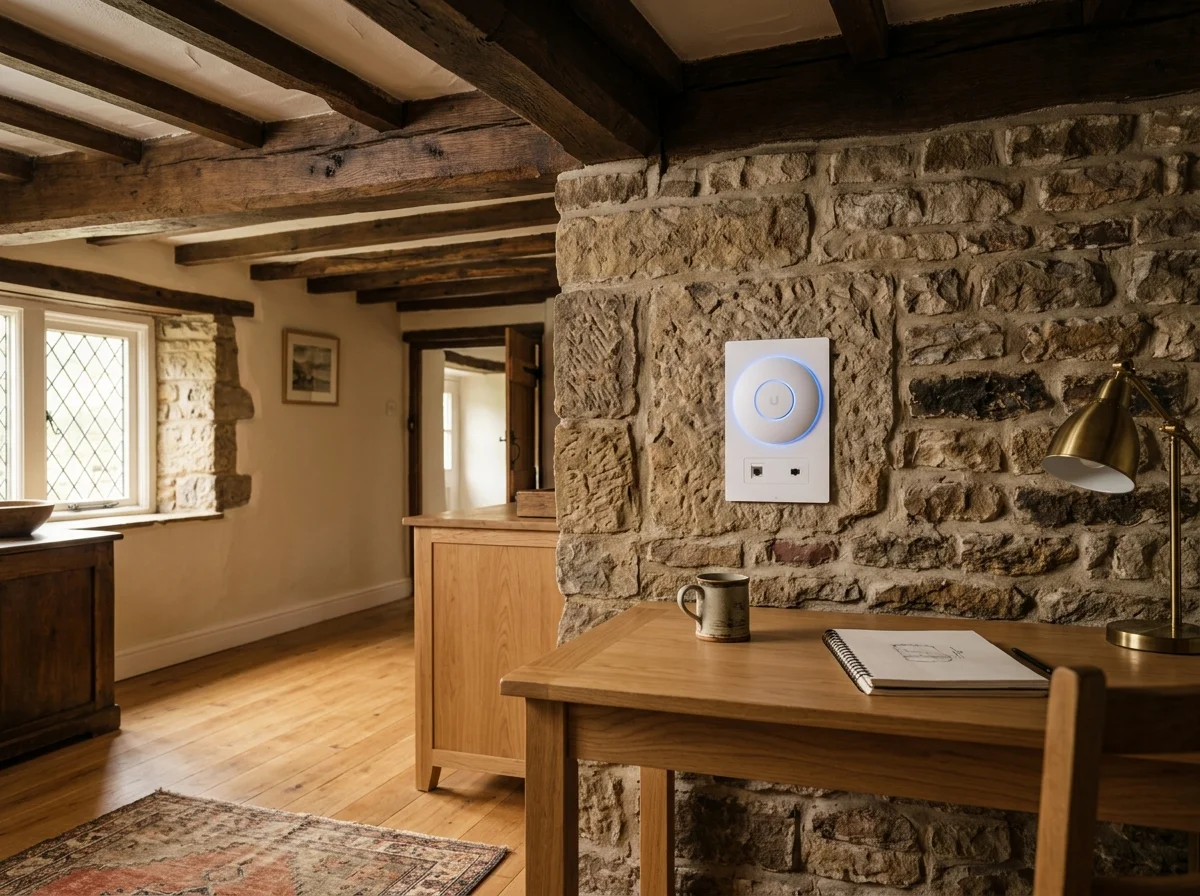 Solid interior wall in a Huddersfield property showing Cat6a data cable penetration for mesh Wi-Fi