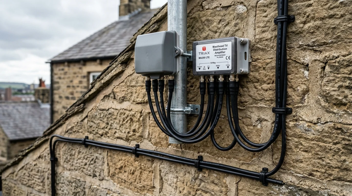 Neatly clipped UV-resistant Cat6a solid copper cable installation along mortar joints in Huddersfield