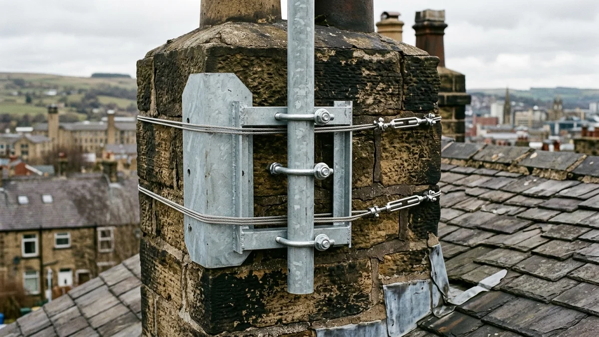 Heavy-duty storm-proof chimney aerial mount in Huddersfield with double stainless steel lashing wire
