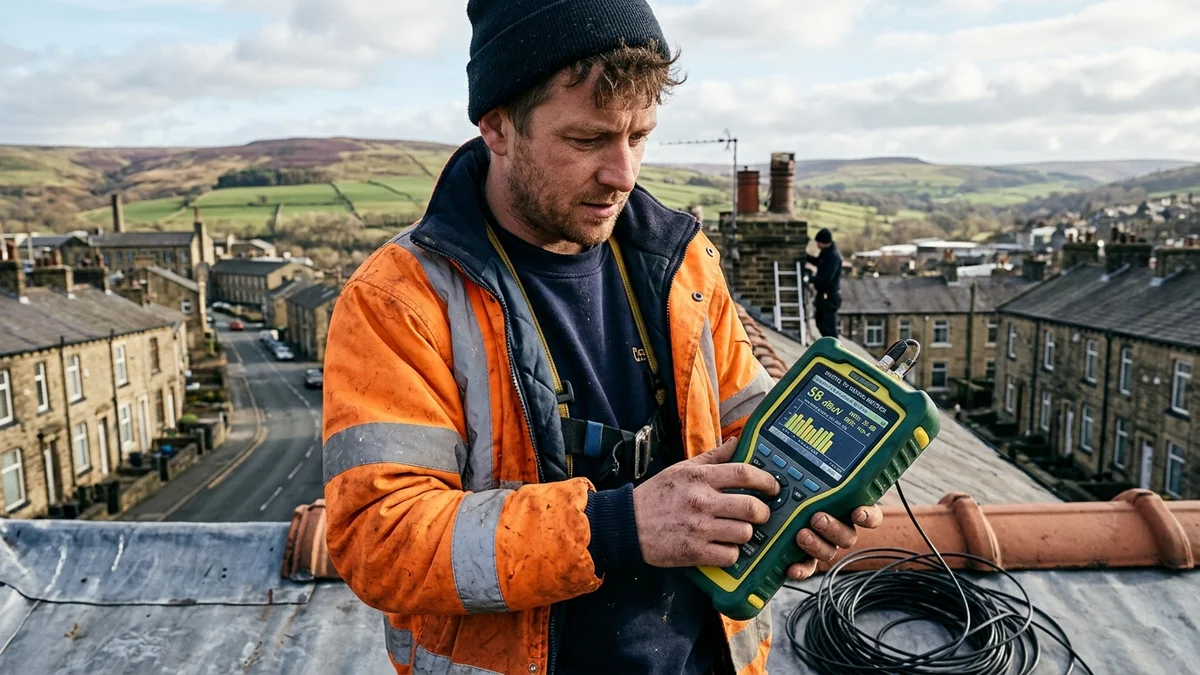 Engineer reading spectrum analyzer meter showing Emley Moor frequencies on Huddersfield rooftop
