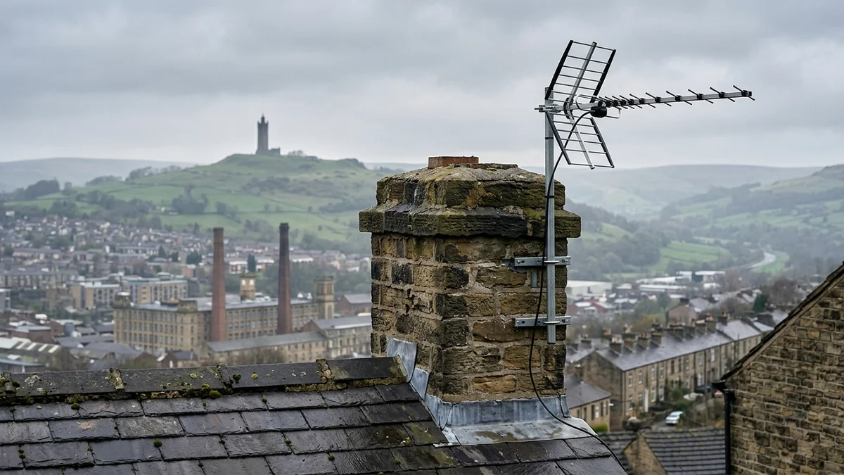 Professional digital TV aerial installation in Huddersfield with high-gain benchmark aerial and heavy-duty storm bracket