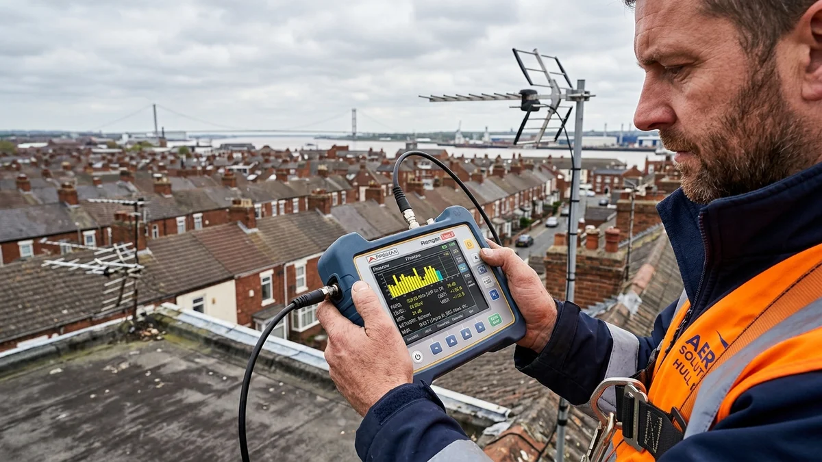 Engineer reading spectrum analyzer meter showing Belmont frequencies on Hull rooftop