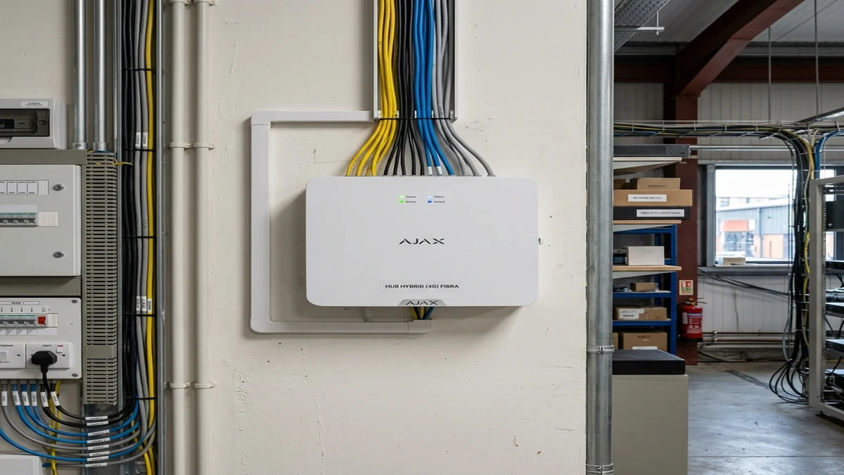 Commercial communications rack housing Ajax Hub Hybrid with neatly laced 4-core bus lines in Leeds