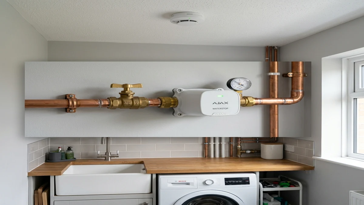 Ajax FireProtect 2 ceiling smoke detector and WaterStop electric smart shutoff valve installed cleanly on copper plumbing in a Leeds home
