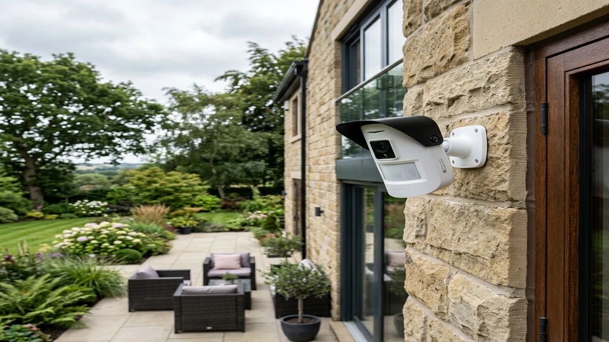 Ajax MotionCam Outdoor mounted on exterior brickwork monitoring a Leeds residential driveway