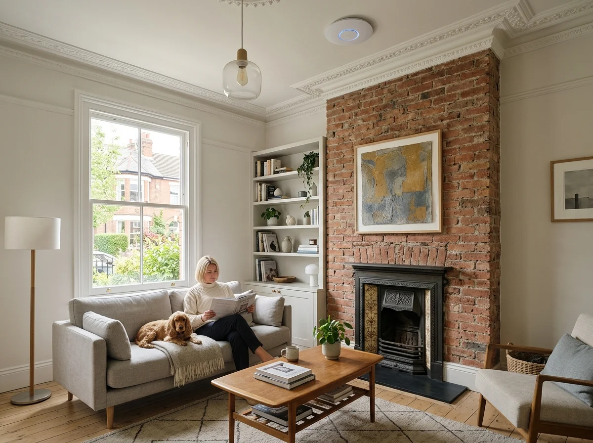 Solid interior wall in a Leeds property showing Cat6a data cable penetration for mesh Wi-Fi