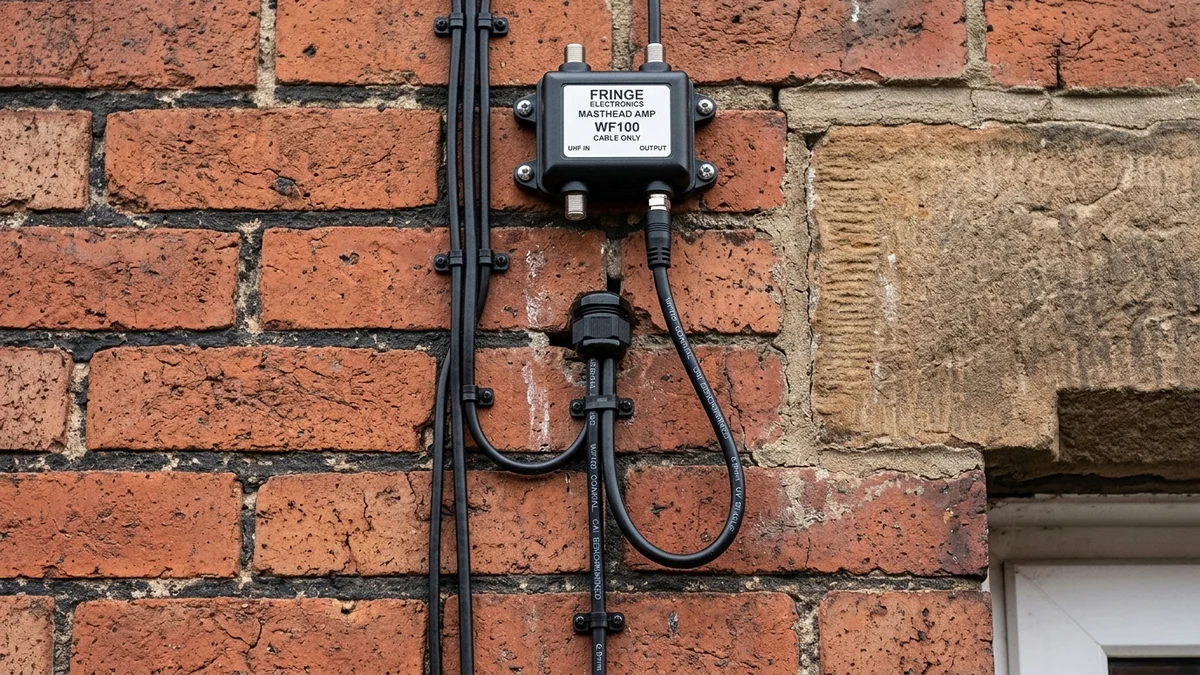 Shielded masthead amplifier and WF100 coax cable routed neatly on Leeds masonry