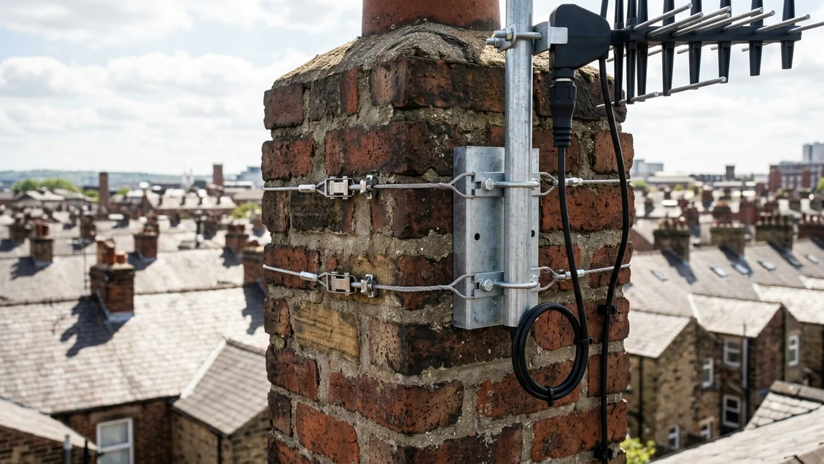 Heavy-duty storm-proof chimney aerial mount in Leeds with double stainless steel lashing wire