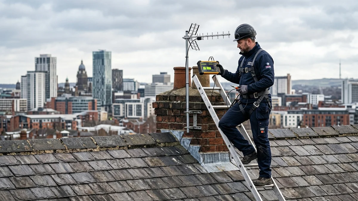 Engineer reading spectrum analyzer meter showing Emley Moor frequencies on Leeds rooftop