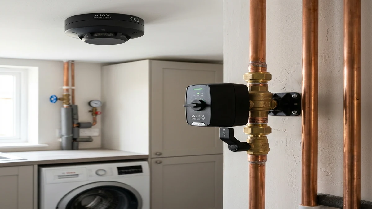 Ajax FireProtect 2 ceiling smoke detector and WaterStop electric smart shutoff valve installed cleanly on copper plumbing in a Lincoln home