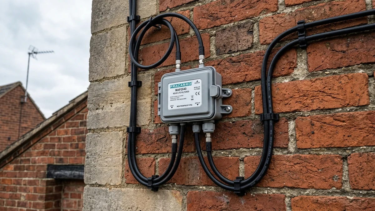 Shielded masthead amplifier and WF100 coax cable routed neatly on Lincoln masonry