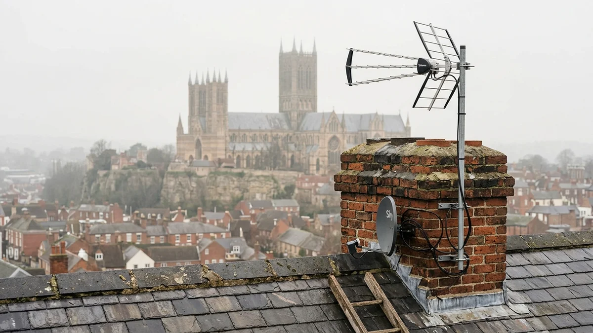 Professional digital TV aerial installation in Lincoln with high-gain benchmark aerial and heavy-duty storm bracket