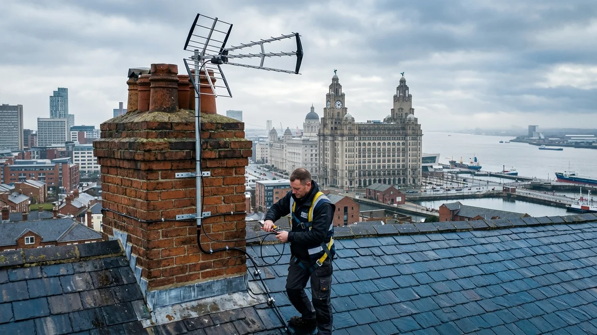 Professional digital TV aerial installation in Liverpool with high-gain benchmark aerial and heavy-duty storm bracket