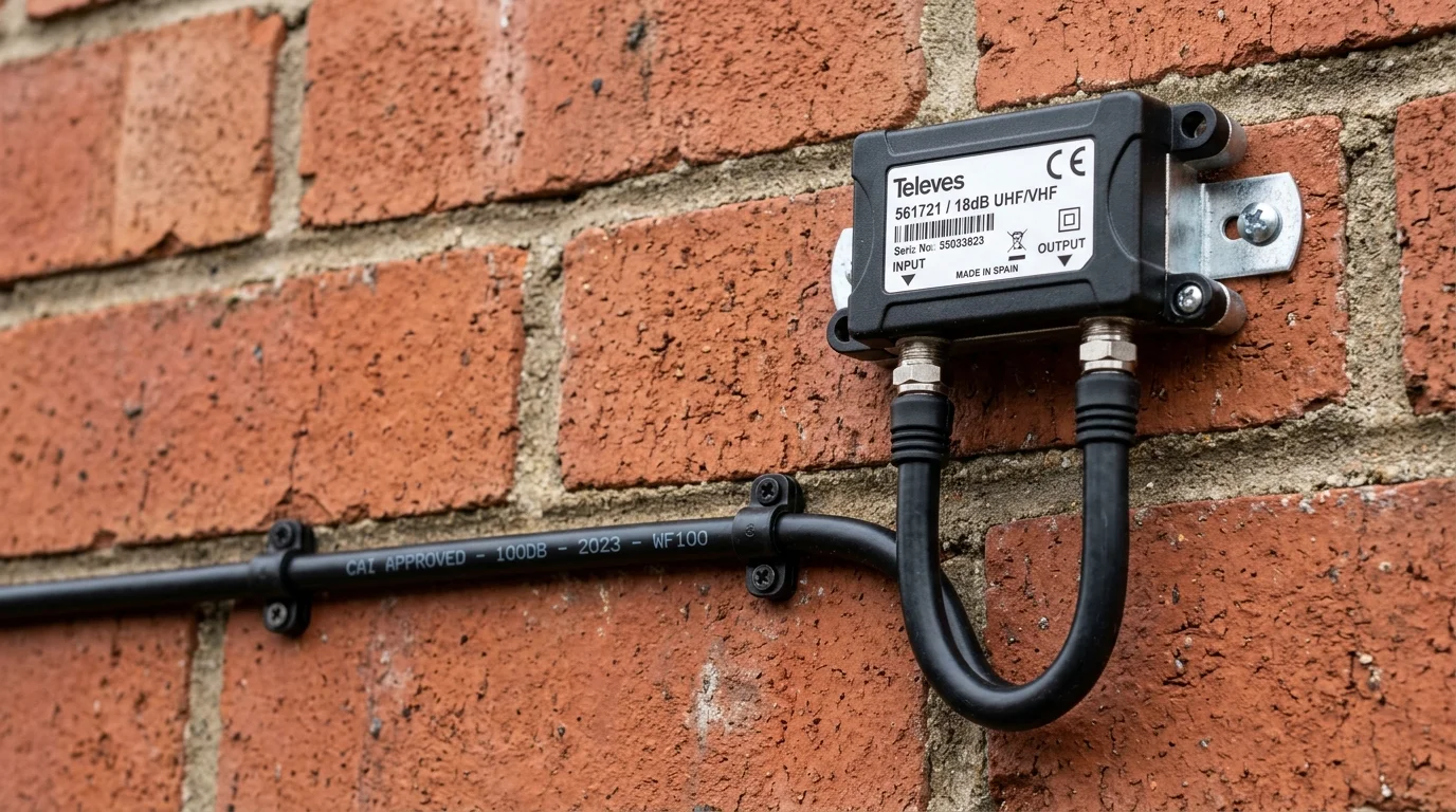 Neatly clipped UV-resistant Cat6a solid copper cable installation along mortar joints in Manchester