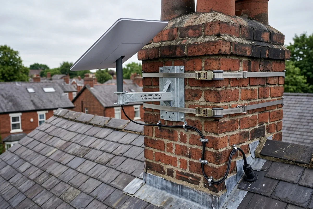 Starlink dish on roof in Manchester on brick chimney with non-drill lashing cradle overlooking town