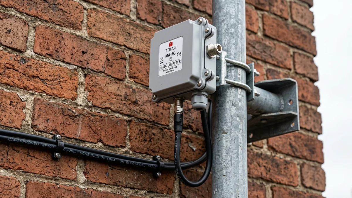 Shielded masthead amplifier and WF100 coax cable routed neatly on Manchester masonry