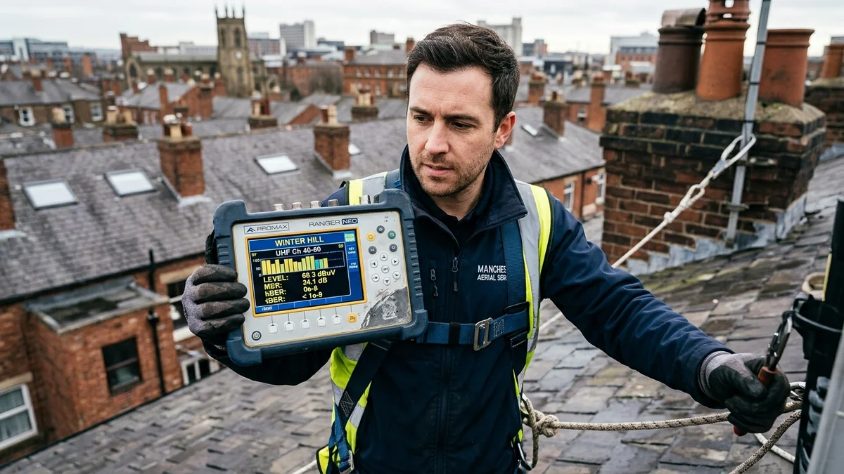 Engineer reading spectrum analyzer meter showing Winter Hill frequencies on Manchester rooftop