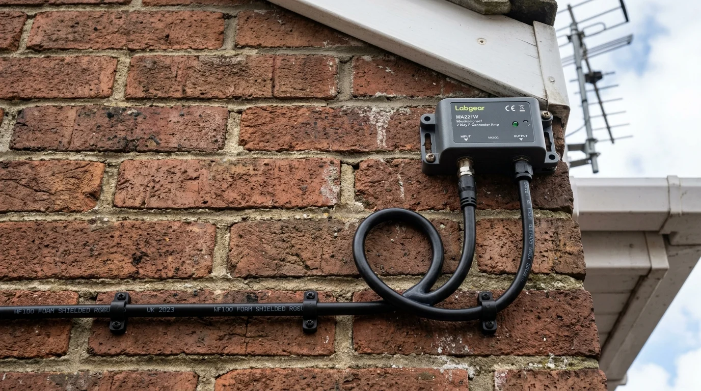 Neatly clipped UV-resistant Cat6a solid copper cable installation along mortar joints in Middlesbrough