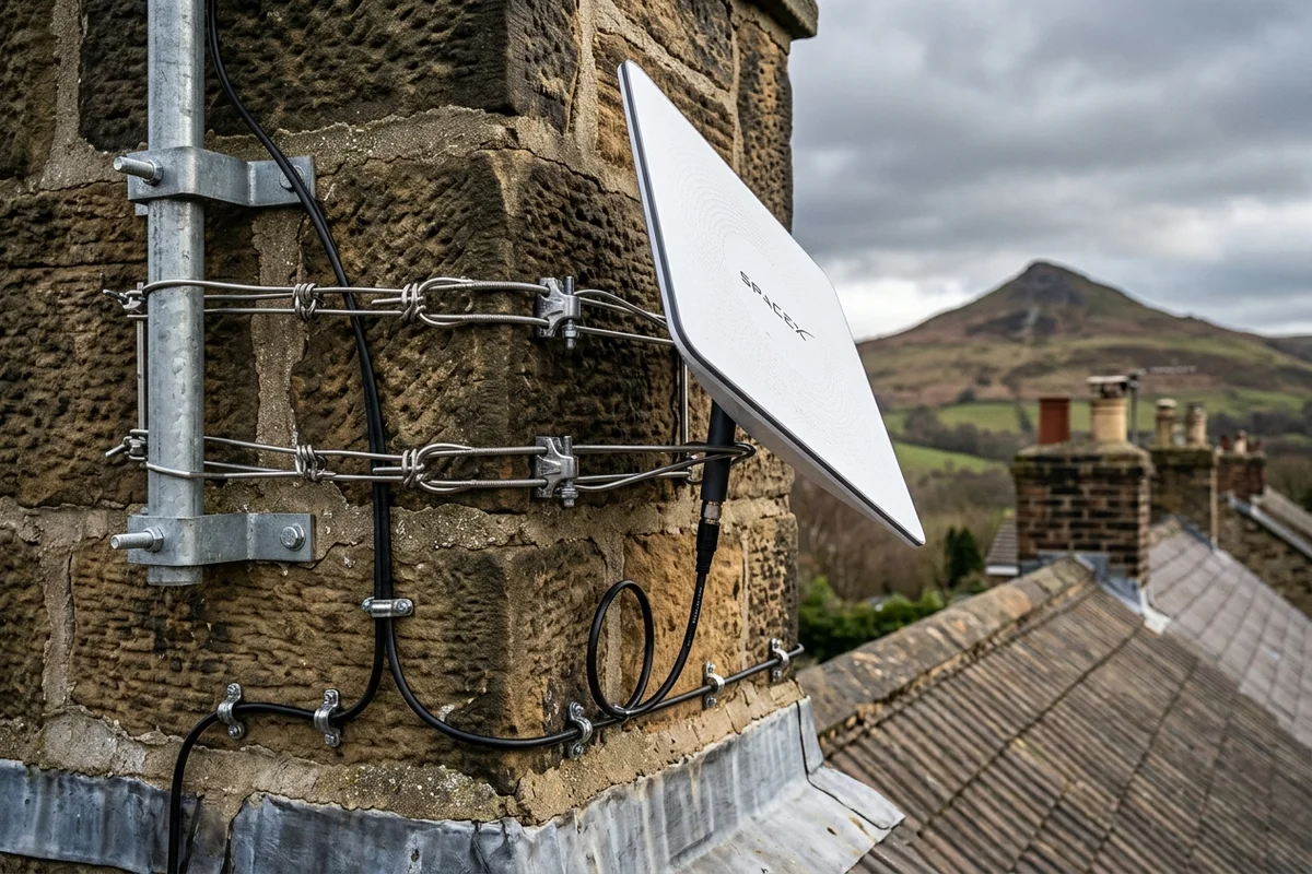 Starlink dish on roof in Middlesbrough on brick chimney with non-drill lashing cradle overlooking town