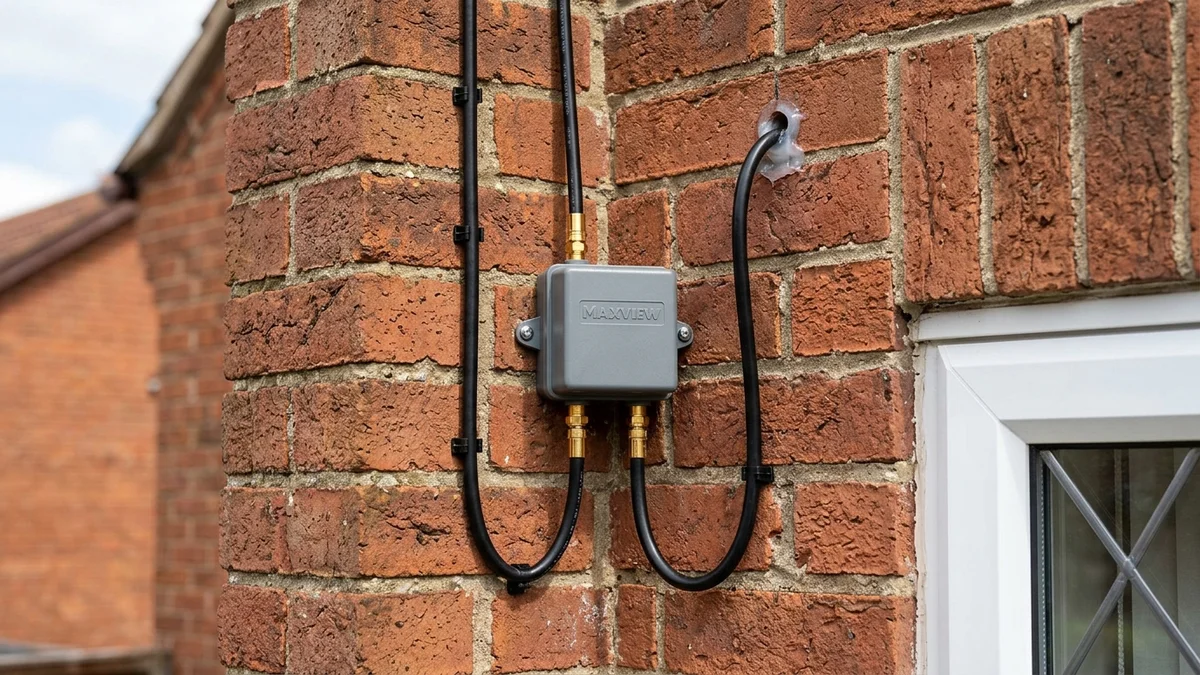 Weatherproof shielded masthead amplifier and WF100 coaxial cabling on exterior brickwork in Middlesbrough