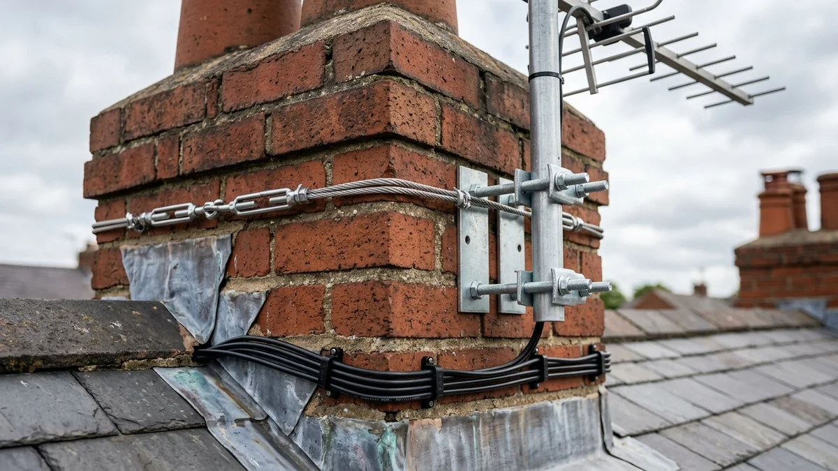 Heavy-duty storm-proof chimney aerial mount in Middlesbrough with double stainless steel lashing wire