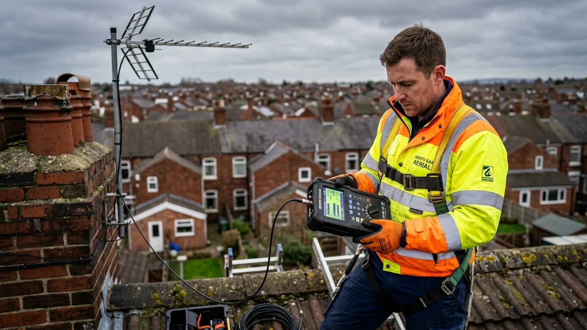 Aerial engineer using spectrum analyzer meter on Middlesbrough rooftop testing Bilsdale UHF signal strength