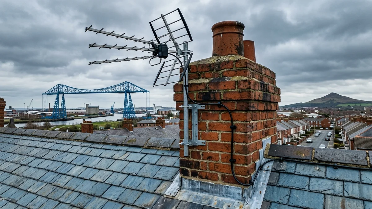 Professional digital TV aerial installation in Middlesbrough with high-gain benchmark aerial and heavy-duty storm bracket