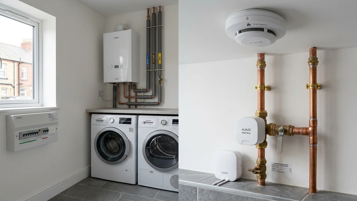 Ajax FireProtect 2 ceiling smoke detector and WaterStop electric smart shutoff valve installed cleanly on copper plumbing in a Newcastle home