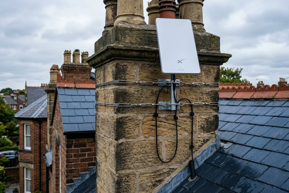 Starlink dish on roof in Newcastle on brick chimney with non-drill lashing cradle overlooking town
