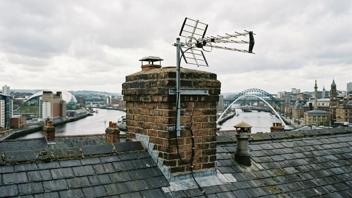 Professional digital TV aerial installation in Newcastle with high-gain benchmark aerial and heavy-duty storm bracket