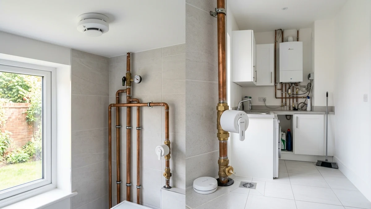 Ajax FireProtect 2 ceiling smoke detector and WaterStop electric smart shutoff valve installed cleanly on copper plumbing in a Nottingham home
