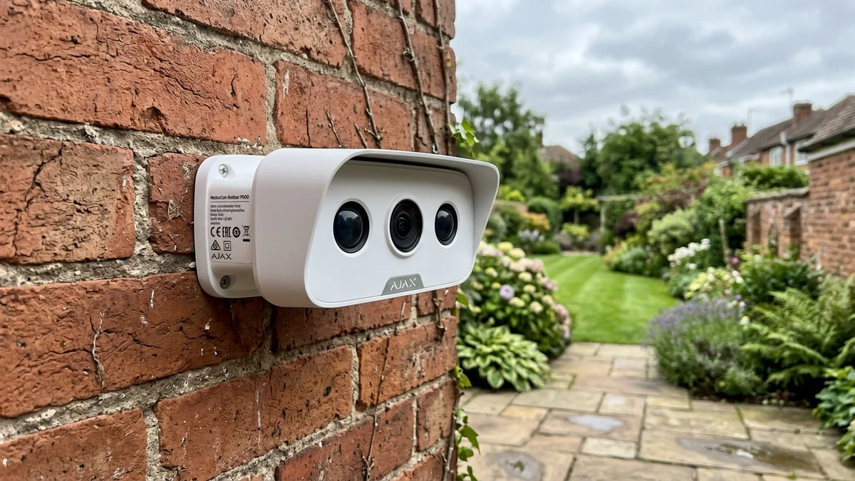 Ajax MotionCam Outdoor mounted on exterior brickwork monitoring a Nottingham residential driveway