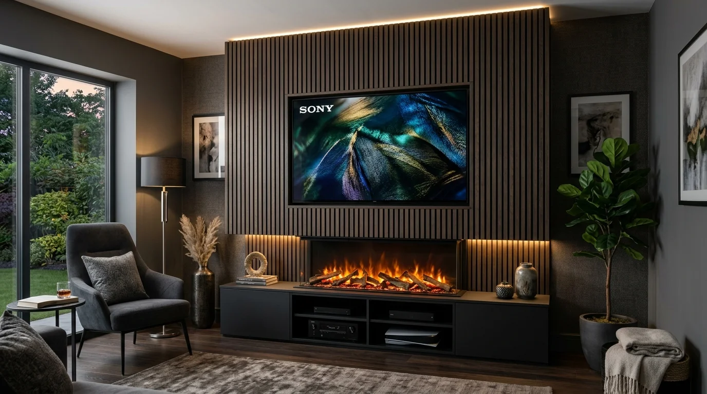 Luxury Acoustic Media Wall TV Installation in Oldham with Recessed OLED Display