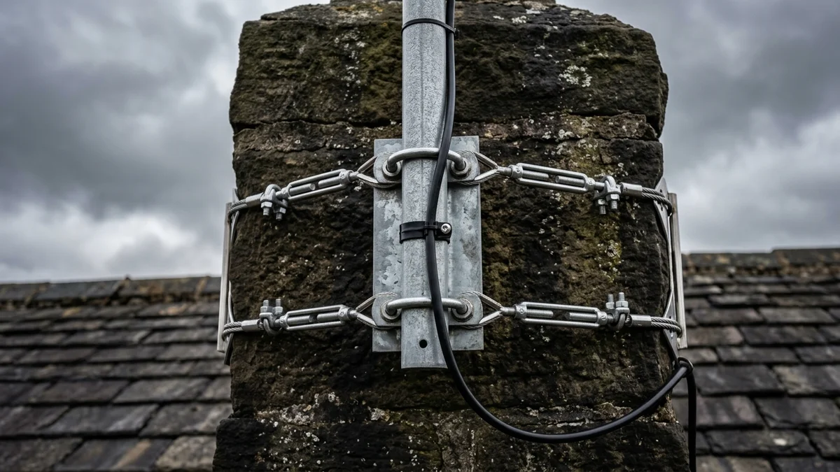 Heavy-duty storm-proof chimney aerial mount in Oldham with double stainless steel lashing wire