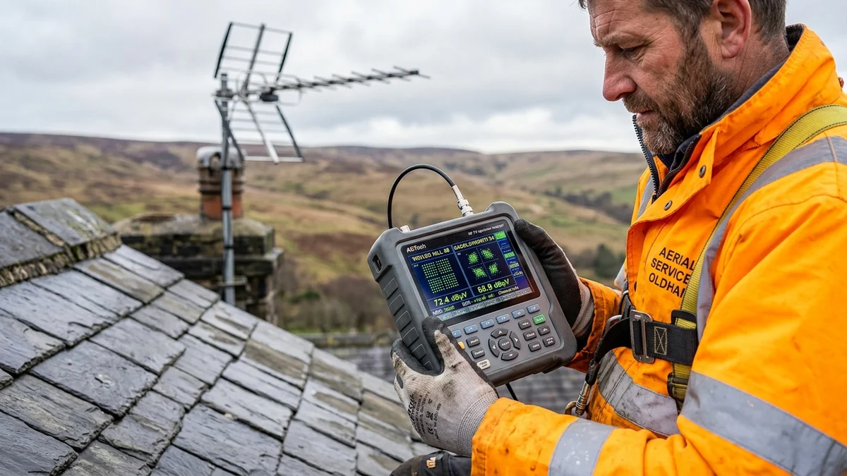 Engineer reading spectrum analyzer meter showing Winter Hill and Saddleworth relay frequencies on Oldham rooftop
