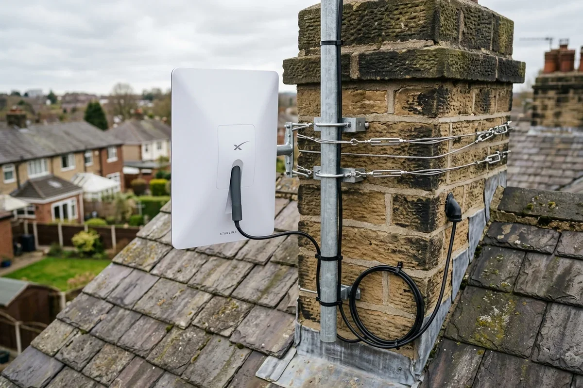 Starlink dish mounted securely on chimney in Pateley Bridge