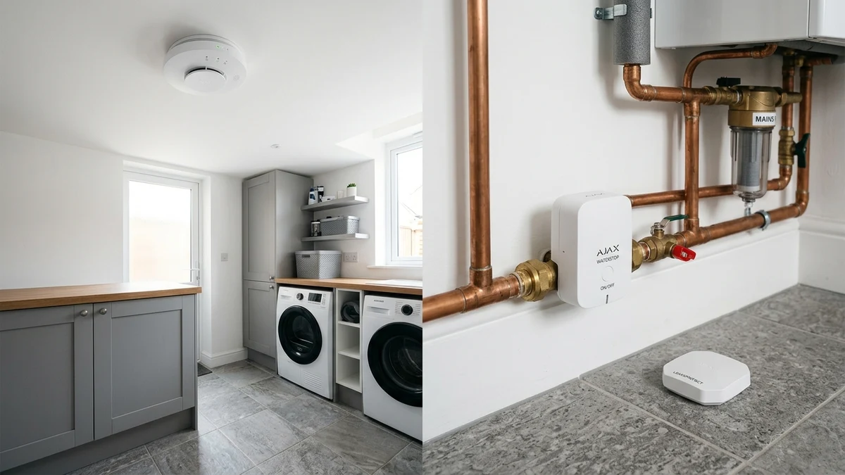 Ajax FireProtect 2 ceiling smoke detector and WaterStop electric smart shutoff valve installed cleanly on copper plumbing in a Preston home