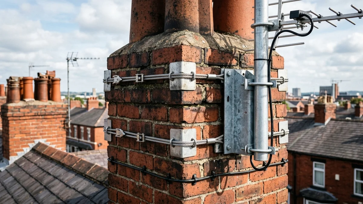 Heavy-duty storm-proof chimney aerial mount in Preston with double stainless steel lashing wire