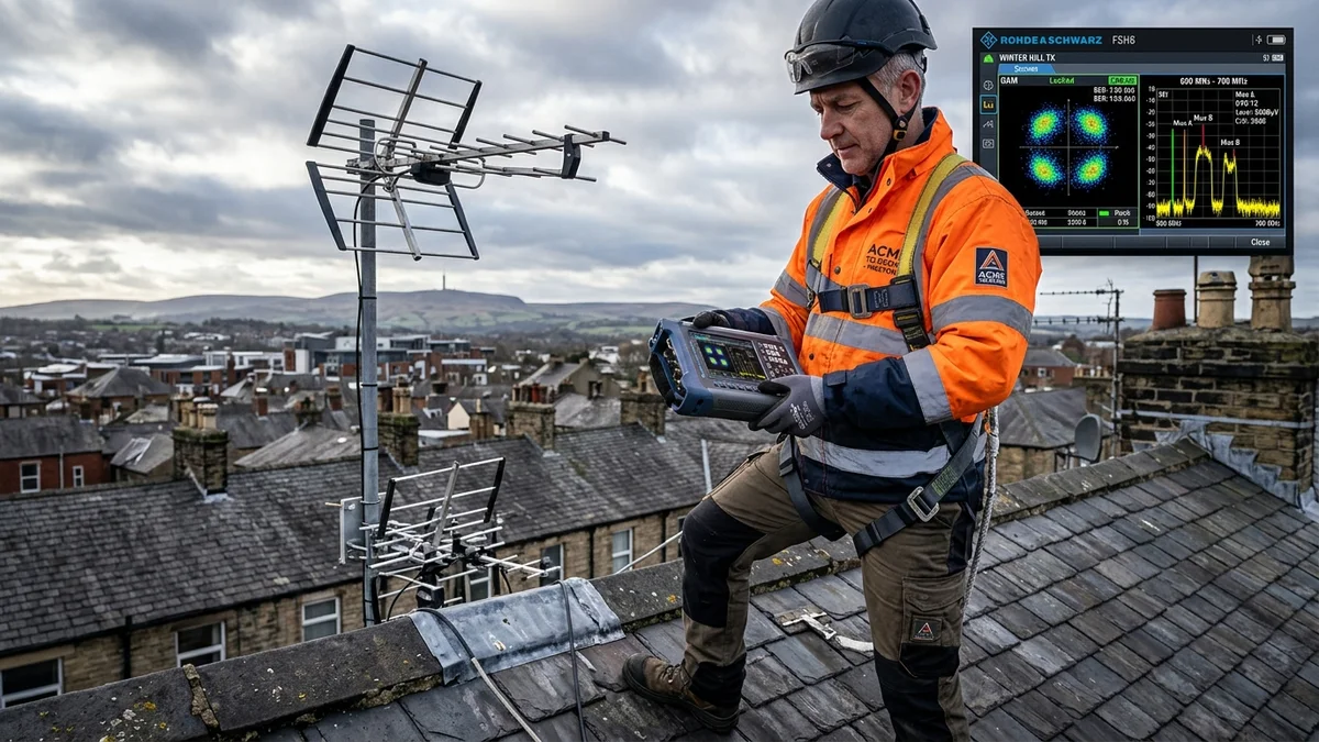 Engineer reading spectrum analyzer meter showing Winter Hill frequencies on Preston rooftop