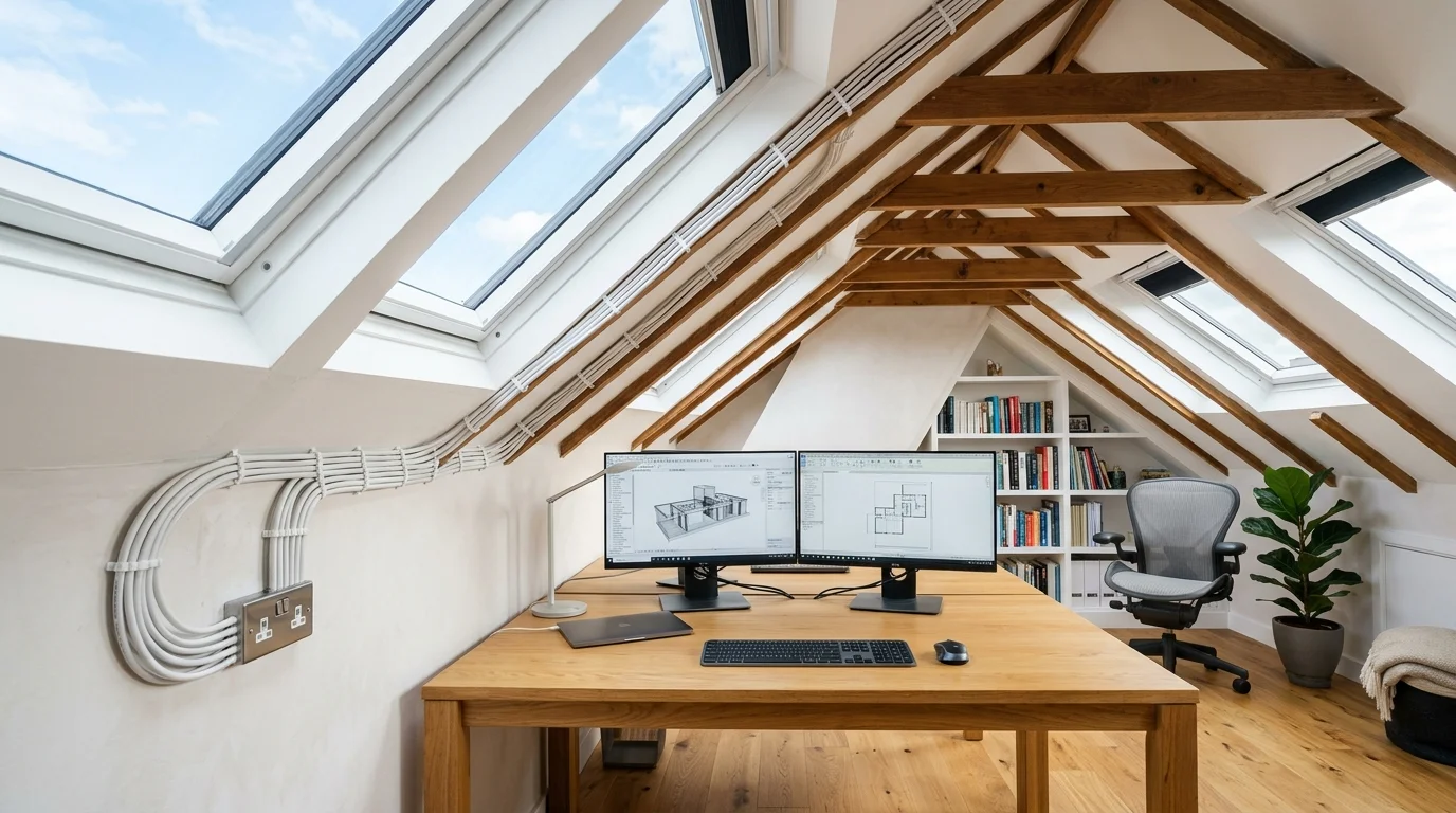 Running Cat6A Ethernet cable along rafters into a loft conversion home office in Sheffield