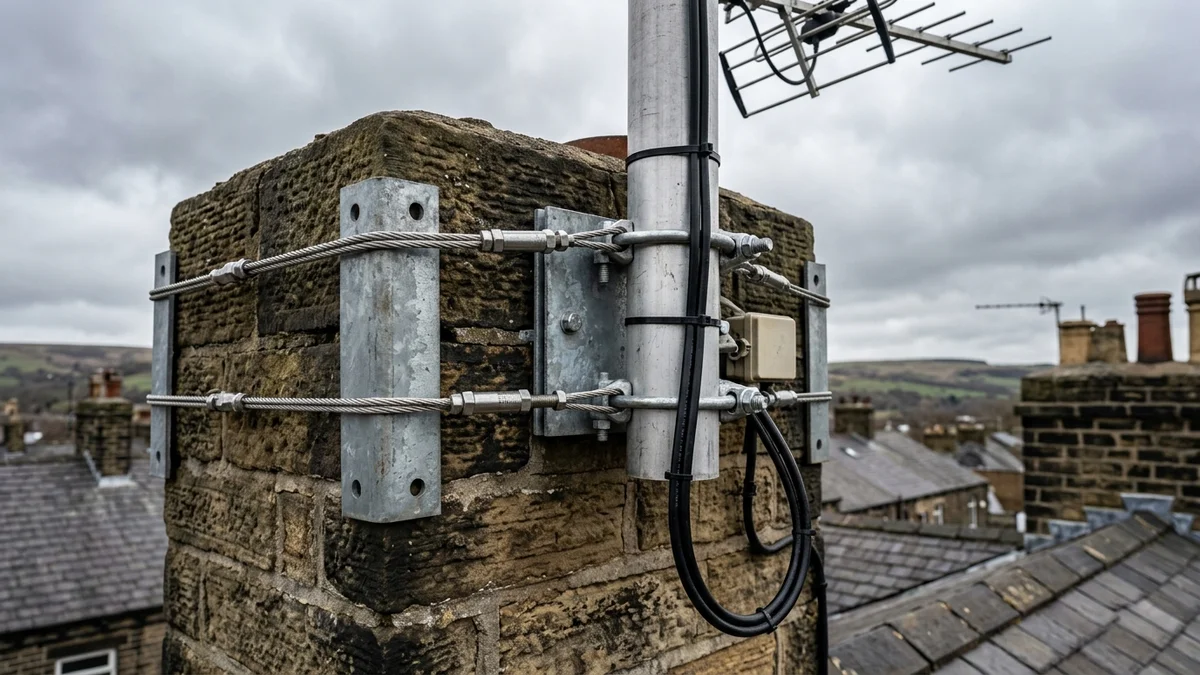 Heavy-duty storm-proof chimney aerial mount in Sheffield with double stainless steel lashing wire