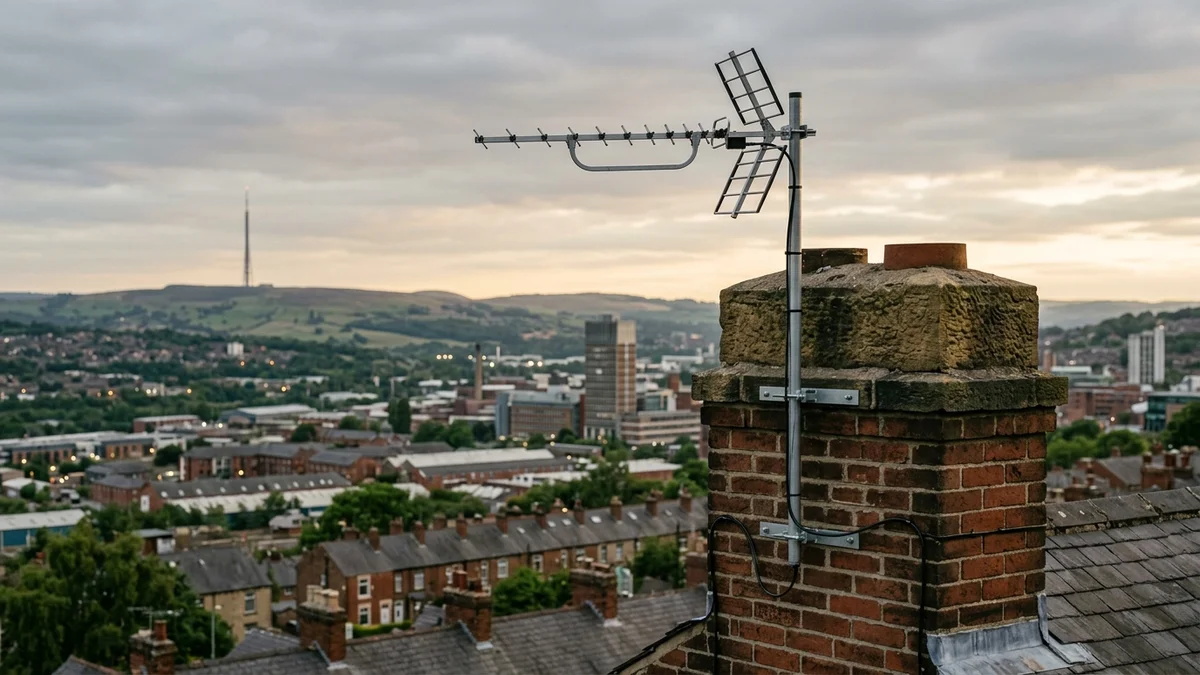 Professional digital TV aerial installation in Sheffield with high-gain benchmark aerial and heavy-duty storm bracket