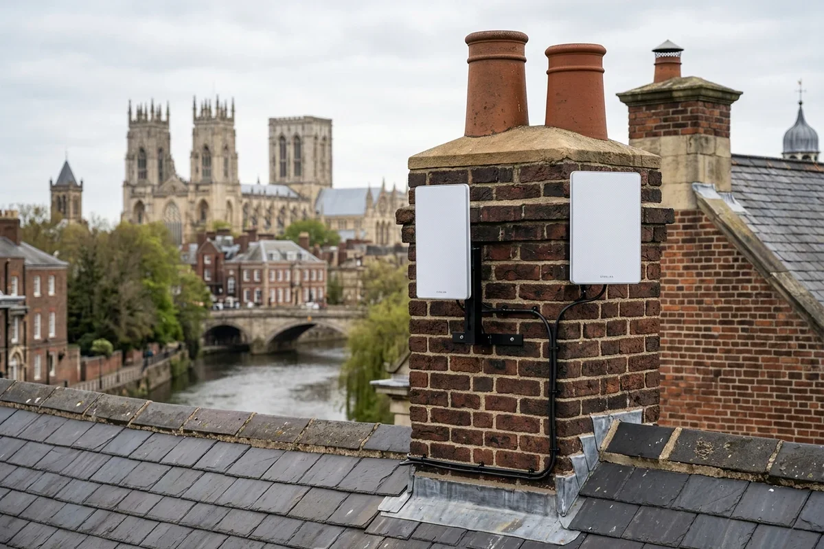 SpaceX Starlink Gen 3 hardware setup Stamford Bridge with Wi-Fi 6 router