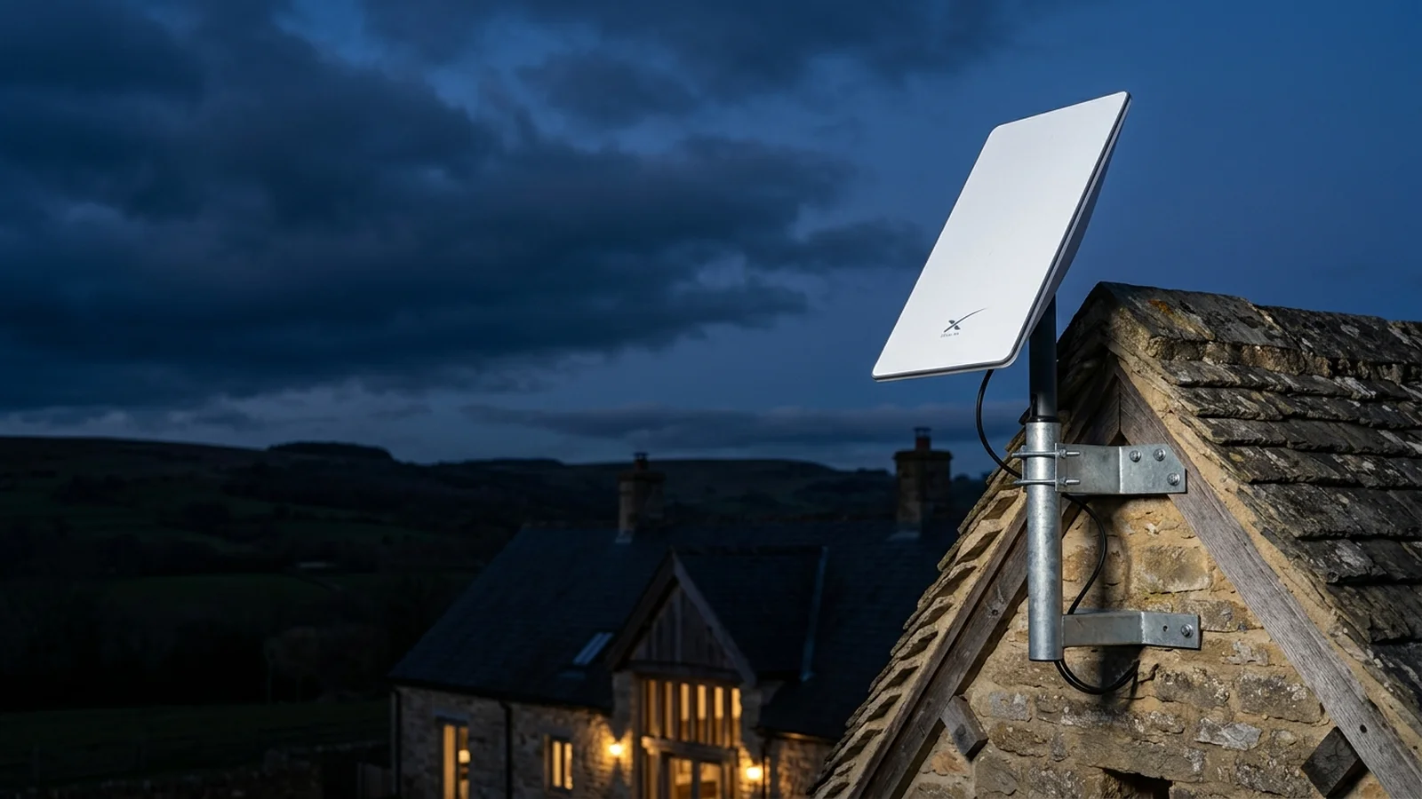 Starlink Low Earth Orbit Satellite Constellation Ridge Mount over UK Country Home