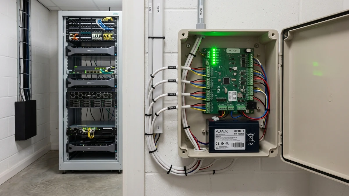Commercial communications rack housing Ajax Hub Hybrid with neatly laced 4-core bus lines in Stockport