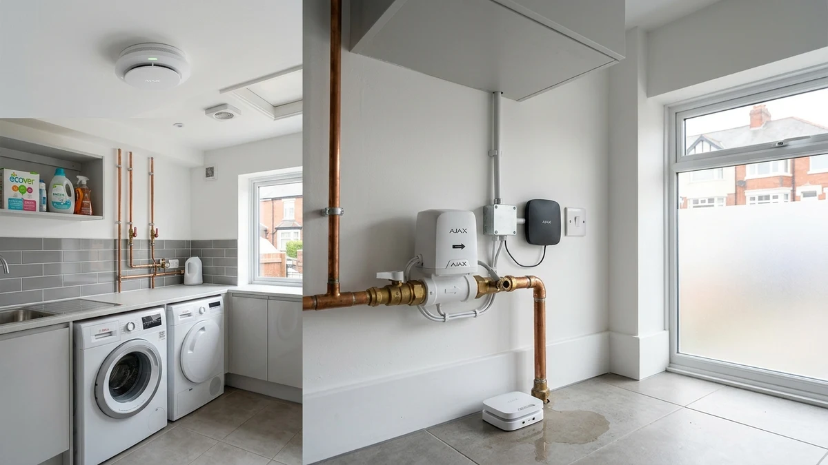 Ajax FireProtect 2 ceiling smoke detector and WaterStop electric smart shutoff valve installed cleanly on copper plumbing in a Stockport home